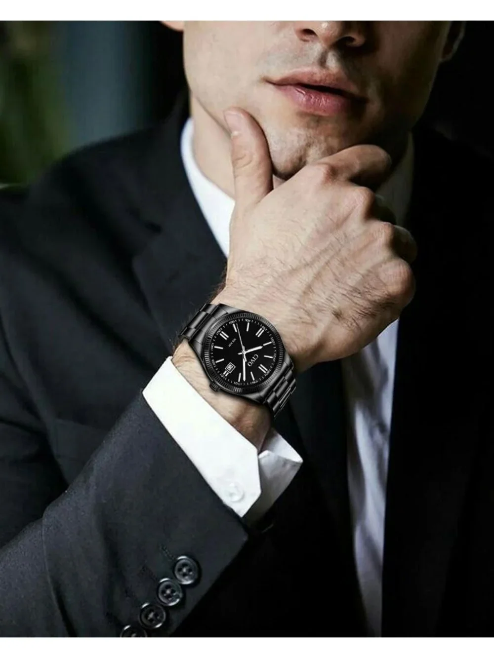 Men's All Black Analog Quartz Skeleton Stainless Steel Round Casual Wrist Watch